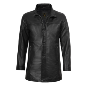 Men’s black leather car coat with classic collar, button closure, zippered pockets and long sleeves