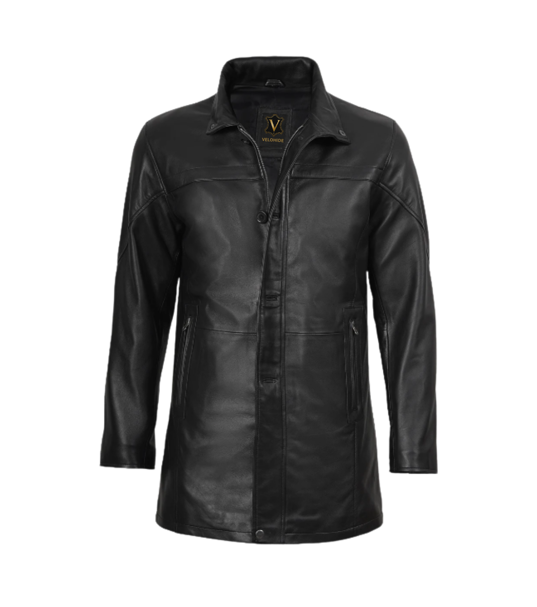 black leather car coat (4) Men’s black leather car coat with classic collar, button closure, zippered pockets and long sleeves