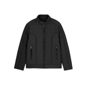 Men's black quilted bomber jacket with full zip front and zippered pockets