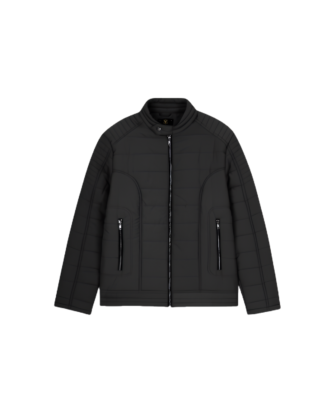 black men bomber jacket front Men's black quilted bomber jacket with full zip front and zippered pockets