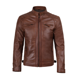 Men’s brown leather biker jacket with stand collar, front zipper, chest pockets and quilted shoulder detailing