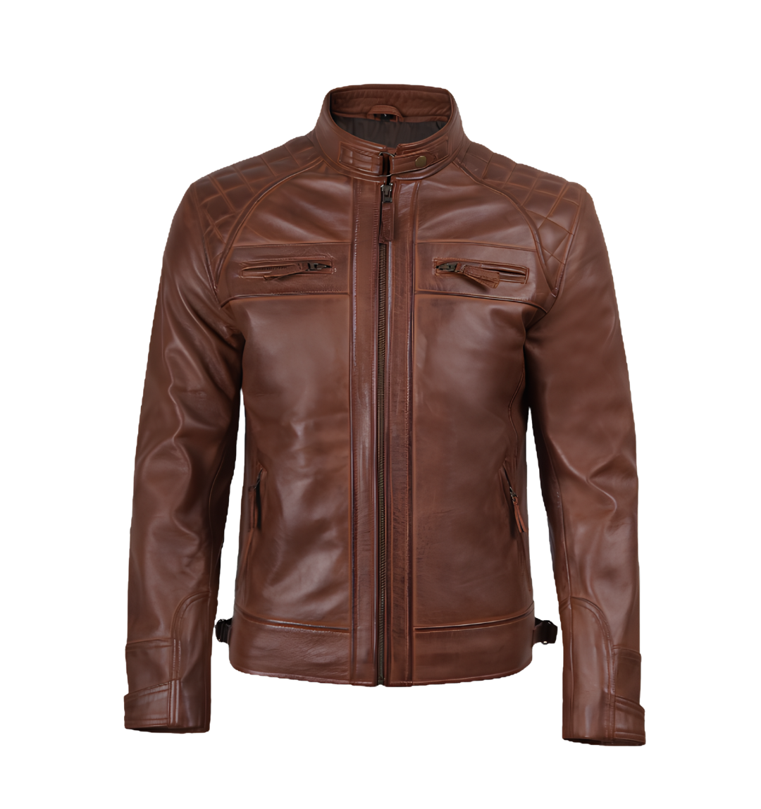 brown biker jacket front Men’s brown leather biker jacket with stand collar, front zipper, chest pockets and quilted shoulder detailing