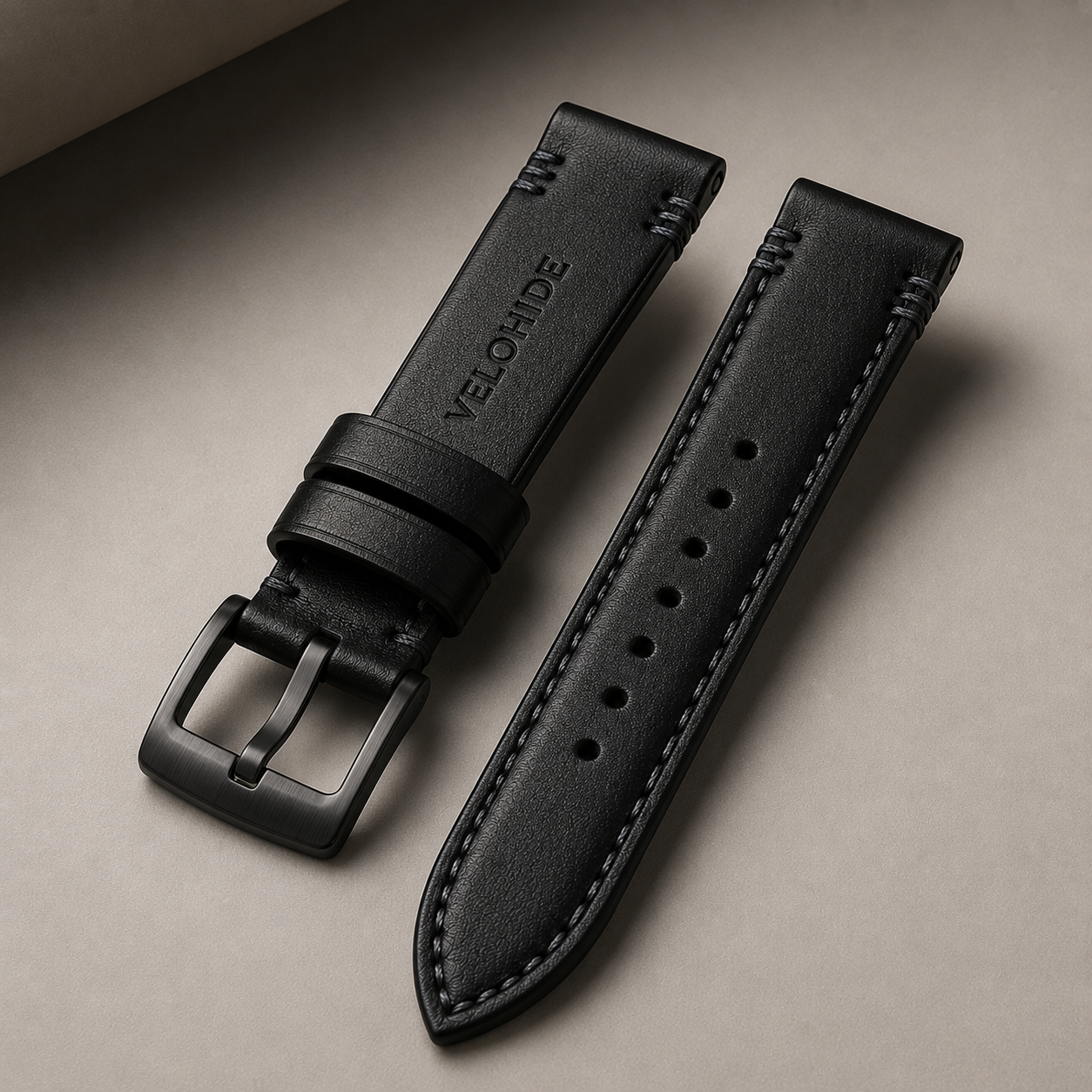VELOHIDE premium black genuine leather watch strap with Black metal buckle