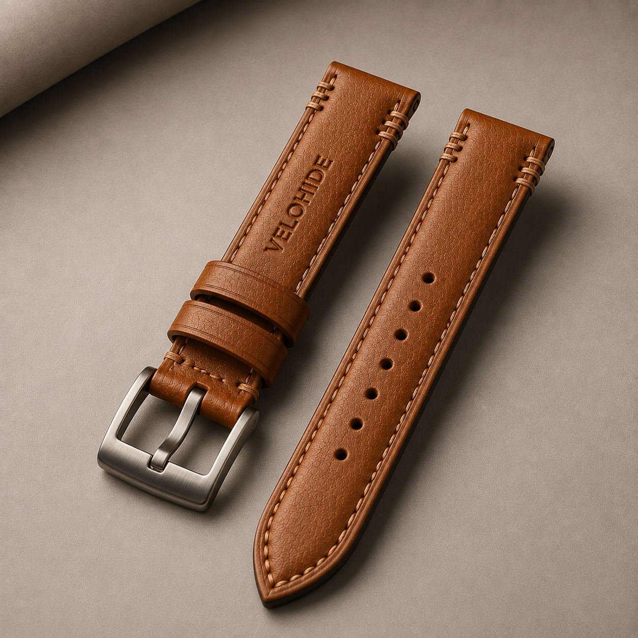 Genuine leather watch strap with polished metal buckle VELOHIDE premium Tan genuine leather watch strap with Black metal buckle