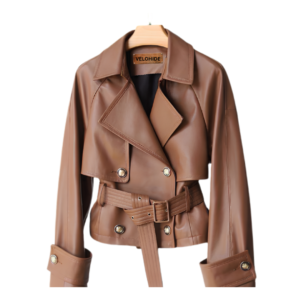 cropped trench belted short women genuine leather jacket