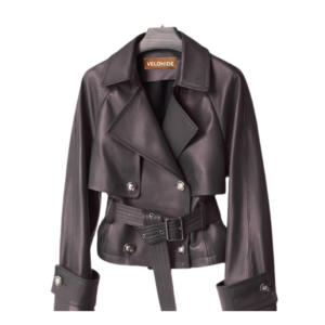 cropped trench black belted short women genuine leather jacket