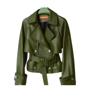cropped trench dark yellow green belted short women genuine leather jacket