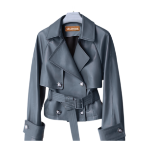 cropped trench grey belted short women genuine leather jacket