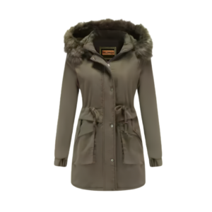 Women's army green warm lined winter coat with faux fur hood trim, zip closure, button front and pockets