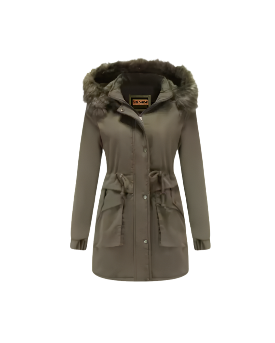 fleece lined women′s suede leather coat Women's army green warm lined winter coat with faux fur hood trim, zip closure, button front and pockets
