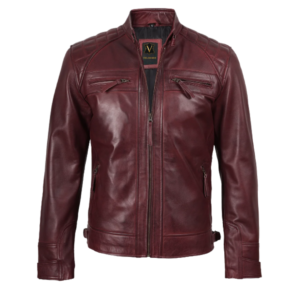 Men’s maroon leather biker jacket with stand collar, zippered chest pockets and quilted shoulder detailing