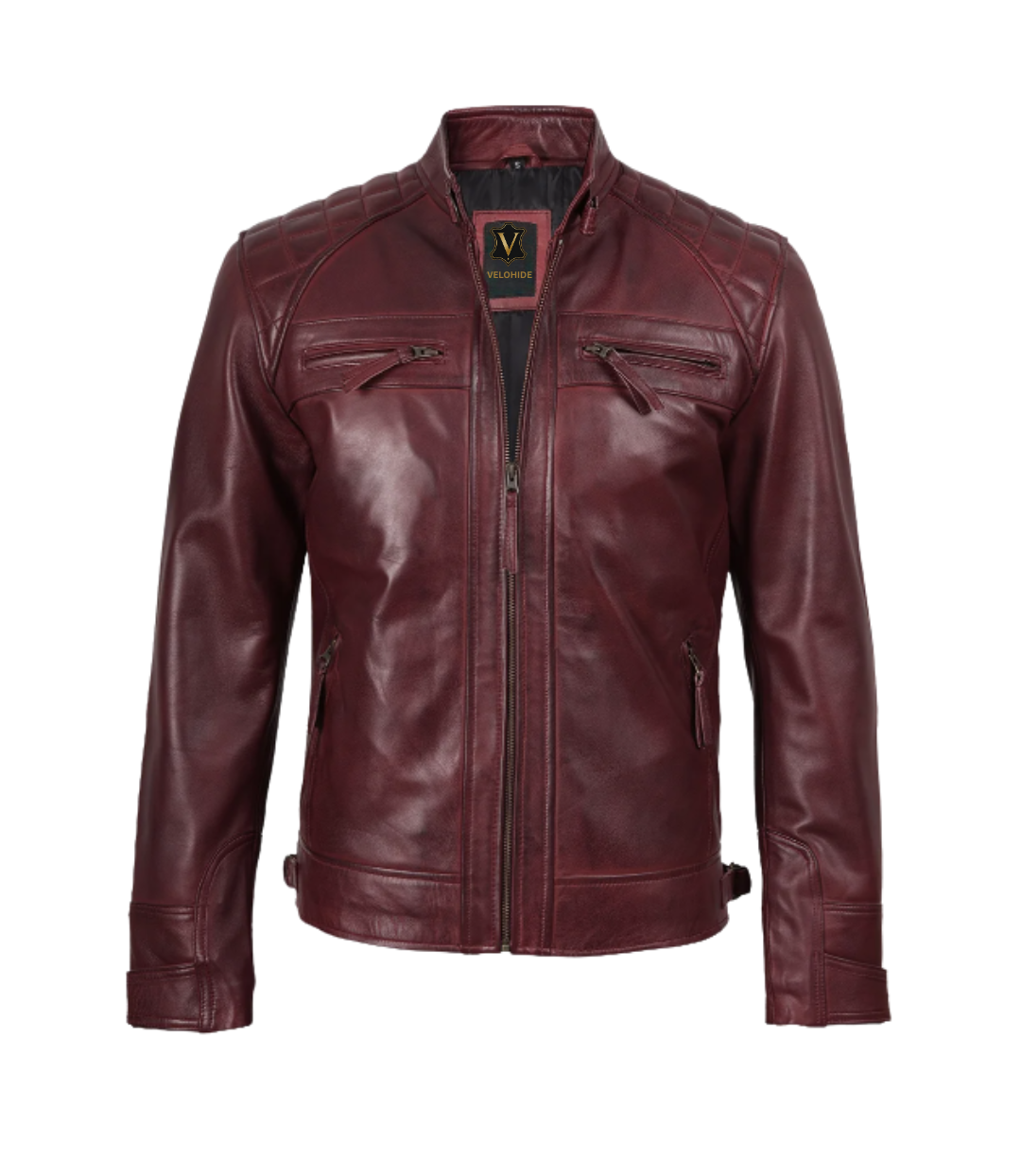maroon biker jacket Men’s maroon leather biker jacket with stand collar, zippered chest pockets and quilted shoulder detailing