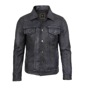 men’s black real leather trucker jacket front