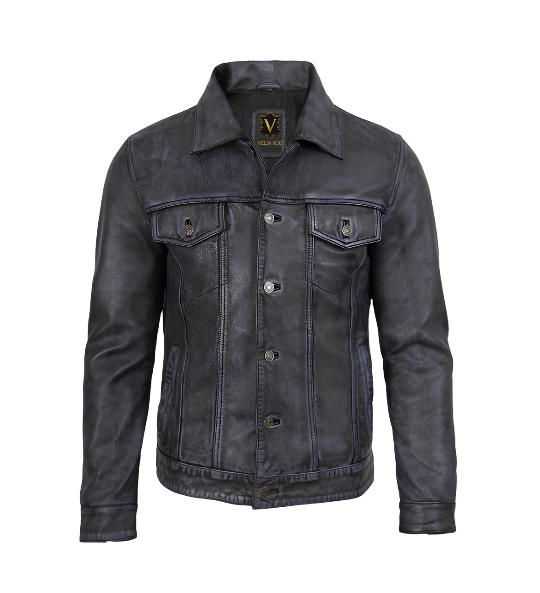 men’s black real leather trucker jacket front men’s black real leather trucker jacket front