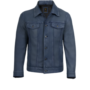 mens denim style trucker blue washed leather jacket front
