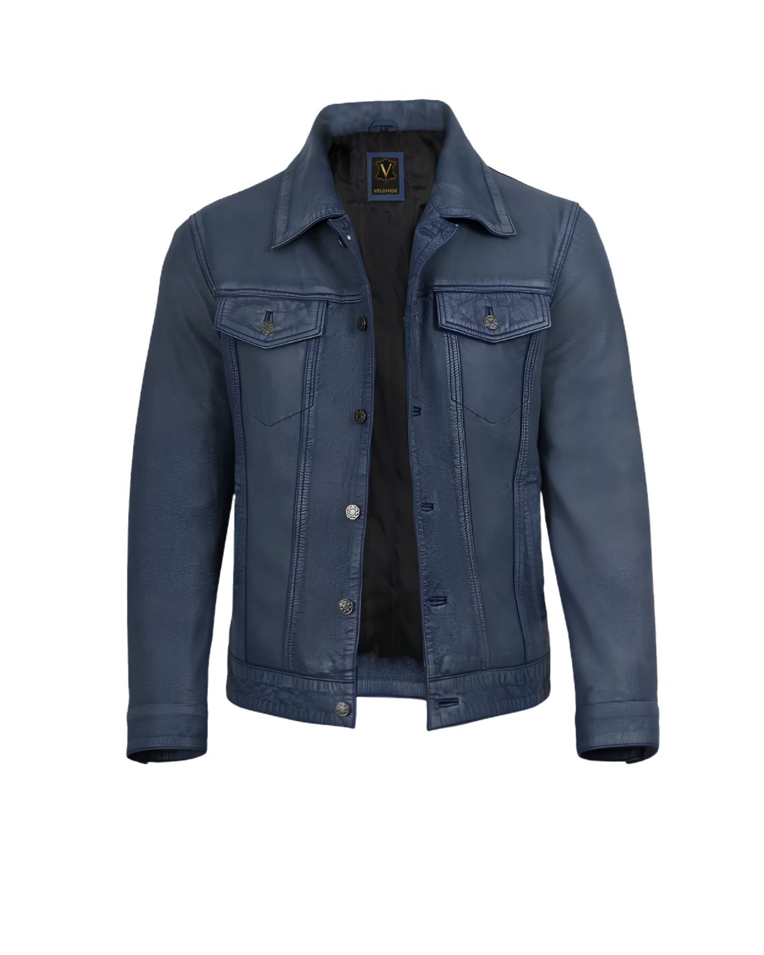 mens denim style trucker blue washed leather jacket front open mens denim style trucker blue washed leather jacket front open
