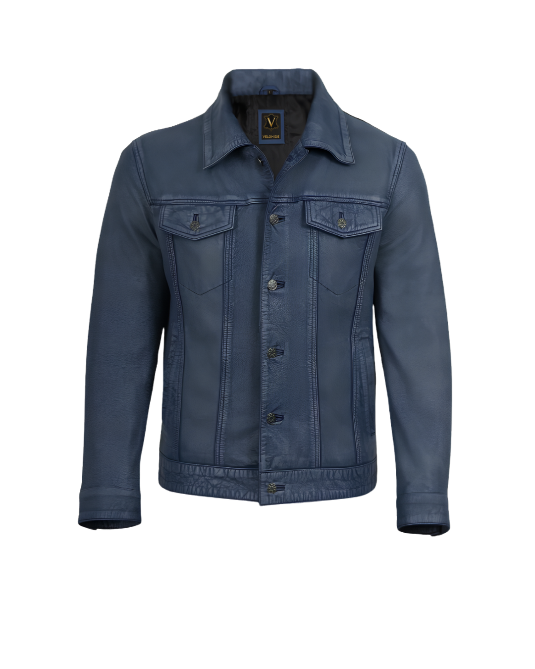 mens denim style trucker blue washed leather jacket front mens denim style trucker blue washed leather jacket front