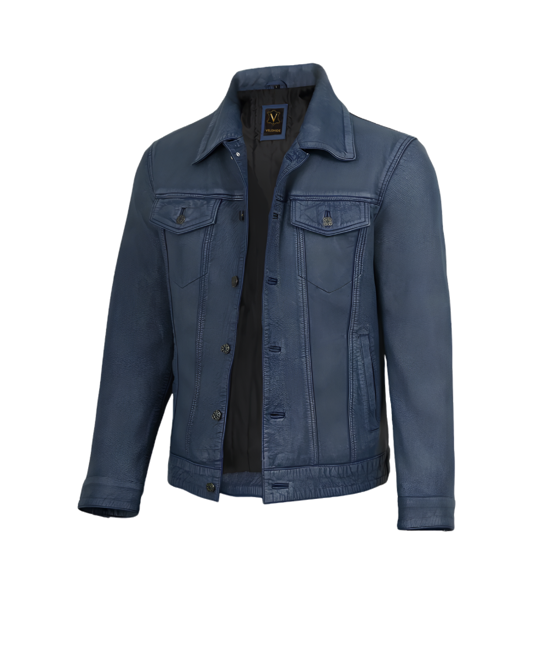 mens denim style trucker blue washed leather jacket side mens denim style trucker blue washed leather jacket side