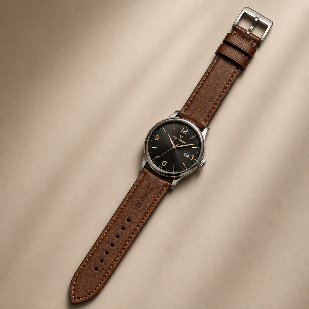 Genuine leather watch strap with polished metal buckle VELOHIDE premium brown genuine leather watch strap with polished metal buckle
