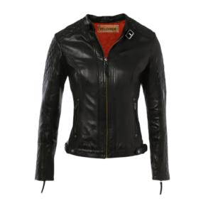 Women's black biker leather jacket with quilted sleeves, front zipper and red inner lining