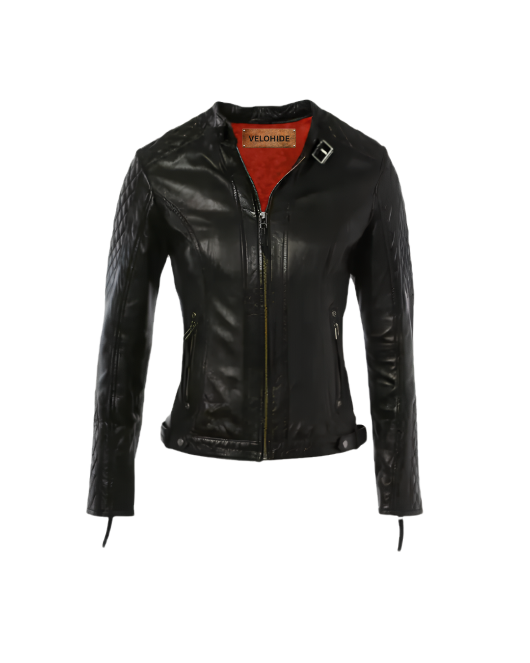 women black biker leather jacket Women's black biker leather jacket with quilted sleeves, front zipper and red inner lining